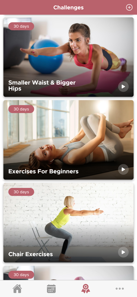 Lazy Workouts - Mobile app screen showing a variety of 30-day fitness challenges including chair exercises and beginner routines.