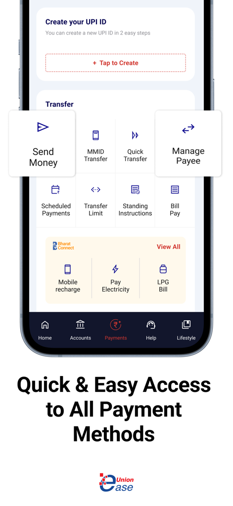 Vyom - Vyom mobile banking app interface showing payment and money transfer options