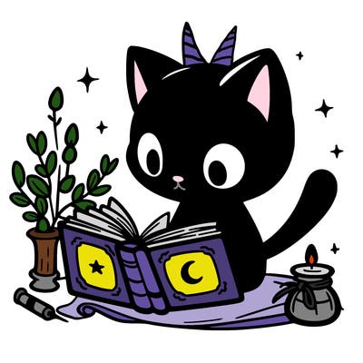 a black cat, looking at a spell book