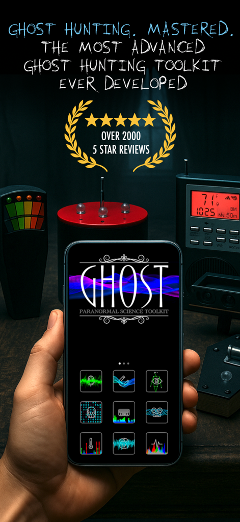 Hand holding an iPhone displaying the Ghost Science M3 paranormal investigation toolkit interface with professional ghost hunting gear in the background.