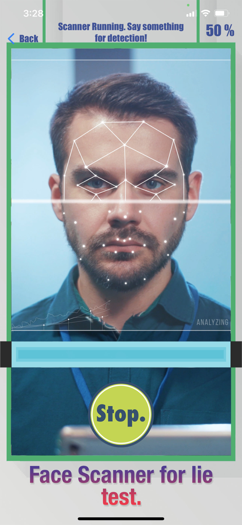 Interface of the Face Lie Detector app showing a face scanner analyzing a person's face for a prank lie test