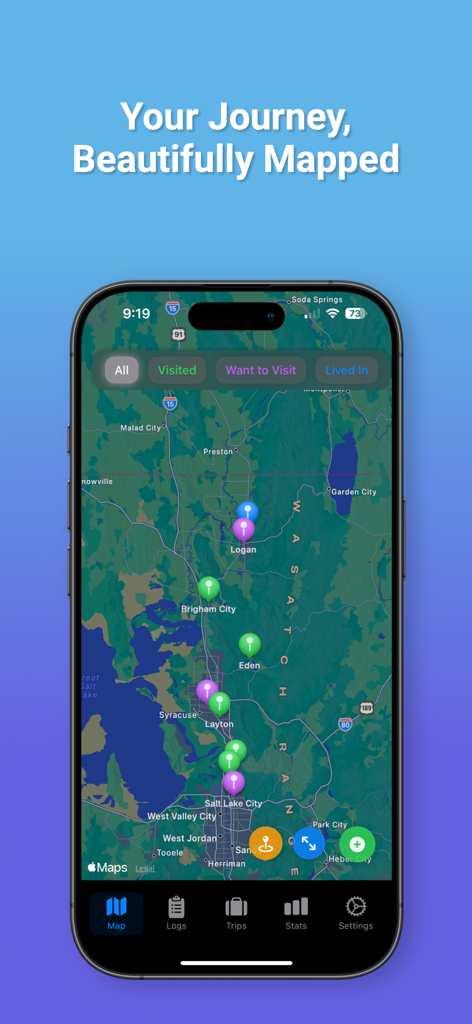 TrekPins - TrekPinsアプリは、訪問済みおよび夢の目的地を示すカラフルな場所のピンを備えたインタラクティブなマップを表示しています。