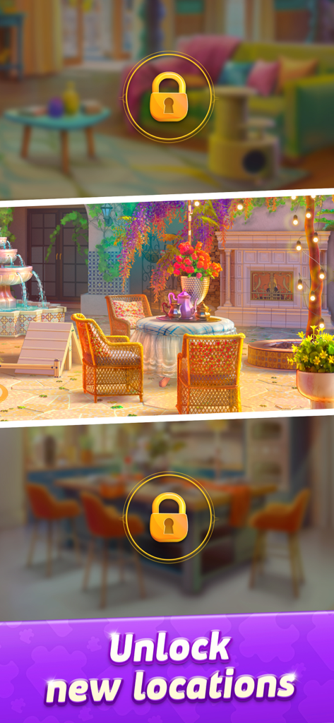 Puzzle Villa: Jigsaw Games - Ein Spielbildschirm, der verschiedene Villenräume mit Vorhängeschlössern und einem Text-Overlay mit der Aufschrift "Neue Orte freischalten" zeigt