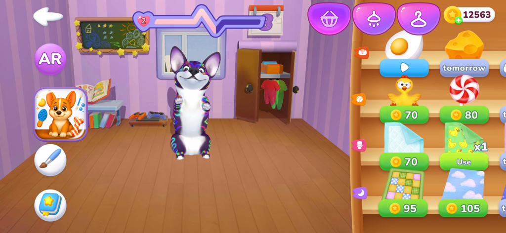 ZenCorgi: Puppy Pet Dog Games - Um corgi virtual colorido em pé em uma sala com um menu de loja exibindo itens de comida e brinquedo.