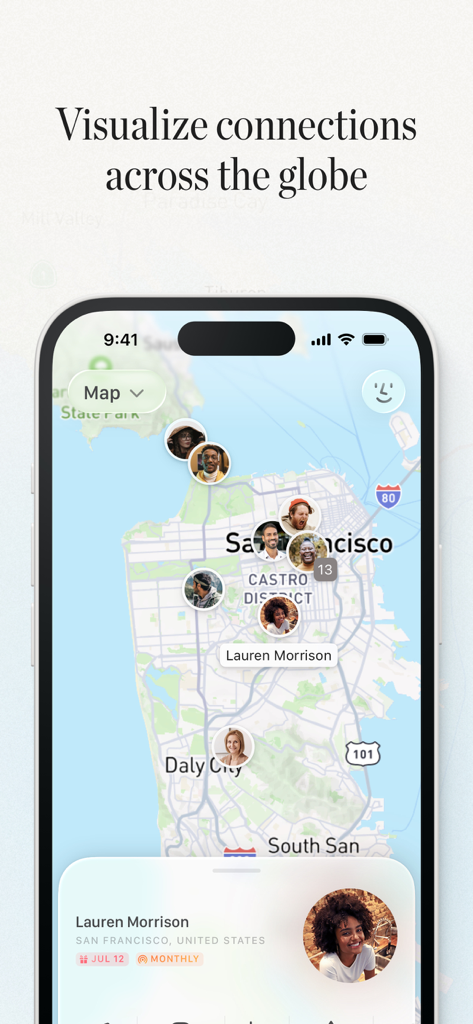 Clay app interface showing professional contacts visualized on a map of San Francisco with a detailed contact card for Lauren Morrison.