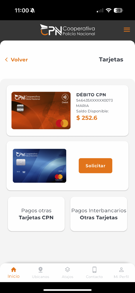 CPN Móvil - CPN Movil app screen showing debit card balance and payment options for credit cards
