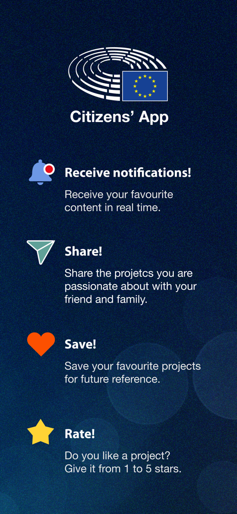 Citizens' App - Caratteristiche principali dell'App dei Cittadini del Parlamento Europeo, incluse opzioni di condivisione notifiche e salvataggio.