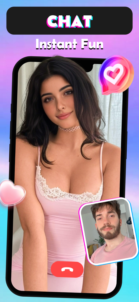 Roof: Live Video Chat & Girls - Una interfaz móvil para la aplicación Roof que muestra un chat de video en vivo entre una mujer y un hombre con el texto Diversión instantánea.