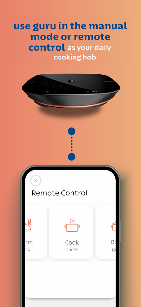 Tramontina Guru - Tramontina Guru app interface showing remote control settings for the smart induction cooktop