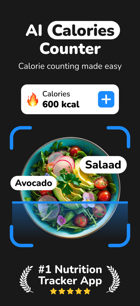 Interfaz de la aplicación CalorIQ mostrando el reconocimiento de alimentos por IA escaneando una ensalada para rastrear calorías