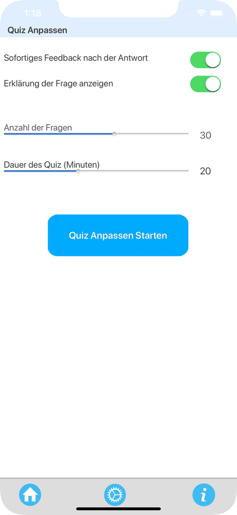 Teste dein Chemie-Wissen - 質問数、時間制限、即時フィードバックのトグルオプションを備えた化学クイズのカスタマイズ画面。