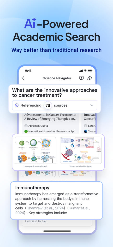 Bohriumアプリのスクリーンショット。癌治療に関するAI学術検索結果と、76件の引用元および科学的図表が表示されています。