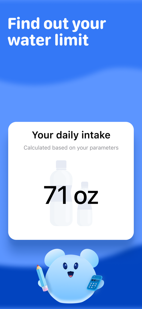 Water Tracker. Drink Reminder - 귀여운 마스코트와 함께 71oz의 목표를 보여주는 일일 물 섭취량 계산 화면
