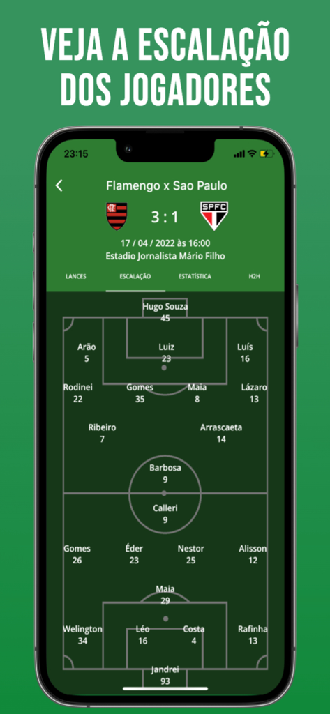 Tactical soccer lineup screen for Flamengo vs Sao Paulo in the Brasileirao app