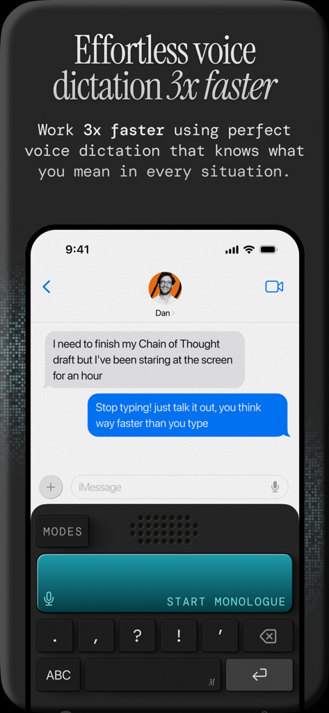 Monologue: Smart Dictation - Monologue smart dictation keyboard extension integrated into an iPhone messaging app