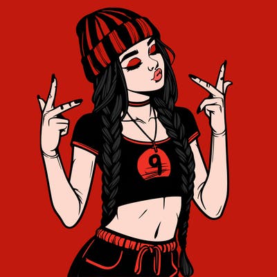 realistic teenage girl with braids and a beanie and crop top doing 🫶🏼