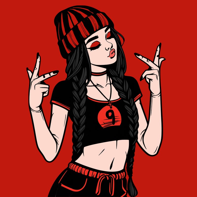 realistic teenage girl with braids and a beanie and crop top doing 🫶🏼