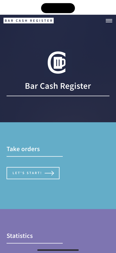 Bar Cash Register PRO - Home screen of the Bar Cash Register PRO app showing options to take orders and view statistics