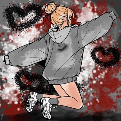 realistic girl jumping with a bun and oversized sweatshirt