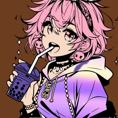 hot baddie anime girl drinking boba and biting the straw