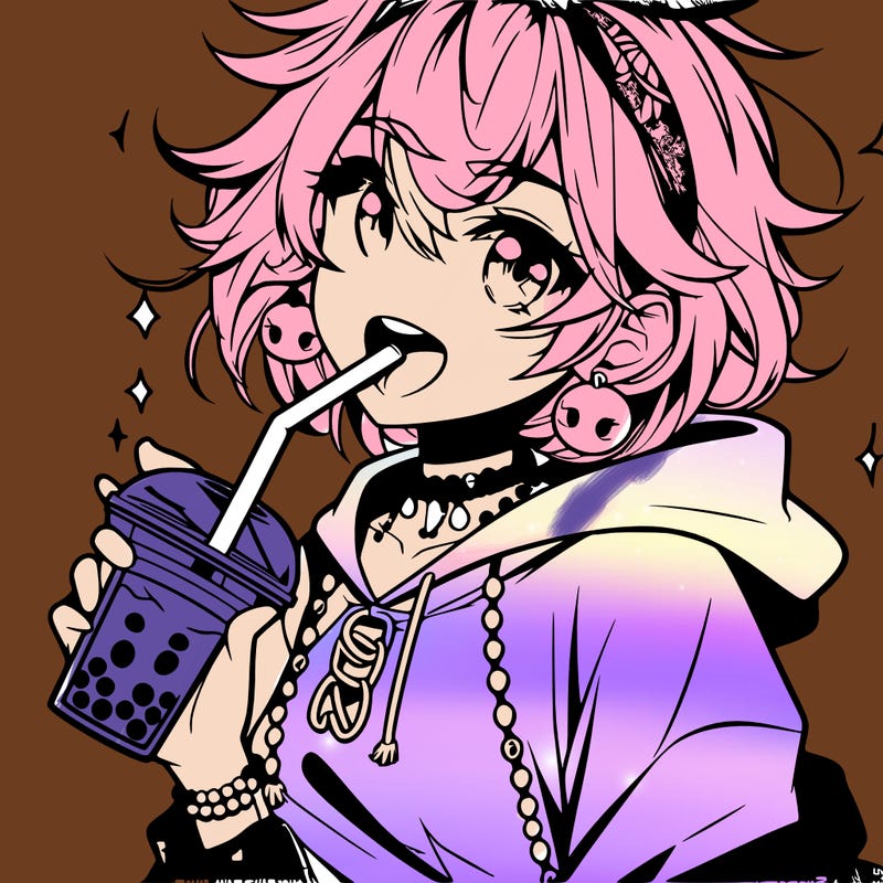 hot baddie anime girl drinking boba and biting the straw