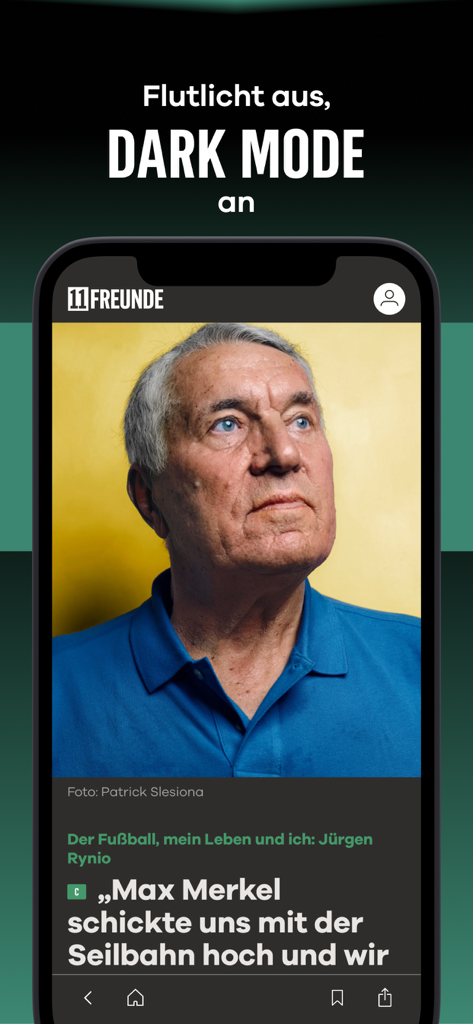11FREUNDE football app displaying a long-form article in dark mode with a portrait photo