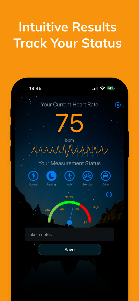 Measure Heart Rate - Measure Heart Rate app showing a 75 bpm result with pulse wave and status icons