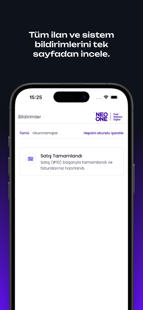 NeoOne - Écran des notifications de l'application NeoOne montrant une mise à jour du statut de vente conclue