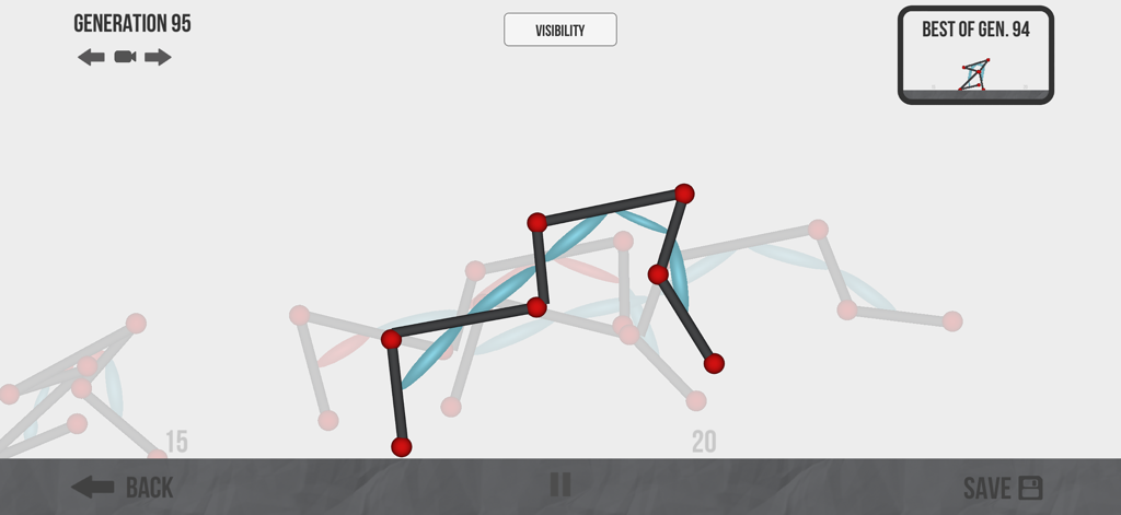 Evolution - Learning Creatures - 関節と筋肉でできた物理ベースの生物が、進化型ニューラルネットワークシミュレーションで動くことを学んでいる。