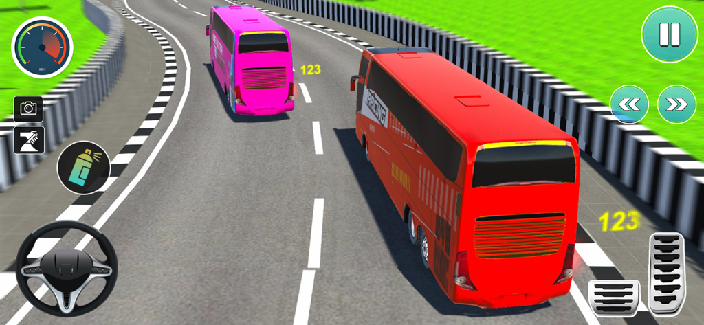 Bus Simulator Racing Games 3D - A red bus racing against a pink bus on a highway in a 3D environment with mobile game controls