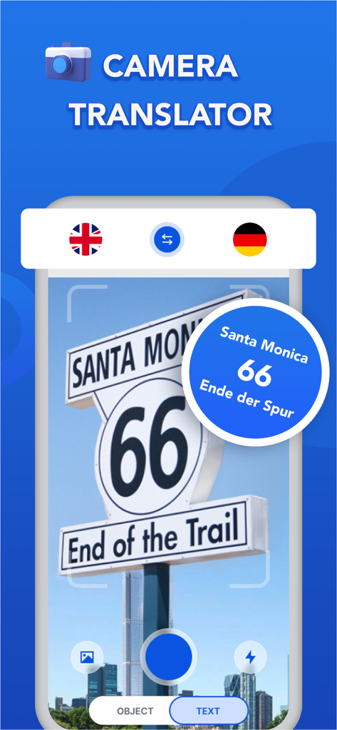 Translator - Voice & Text - Kameraübersetzungs-App übersetzt ein Route 66-Schild von Englisch nach Deutsch
