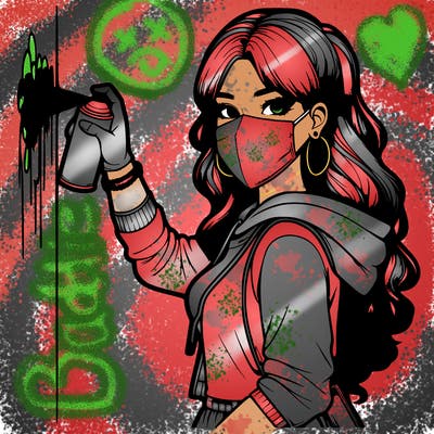 realistic girl with mask spray painting a wall