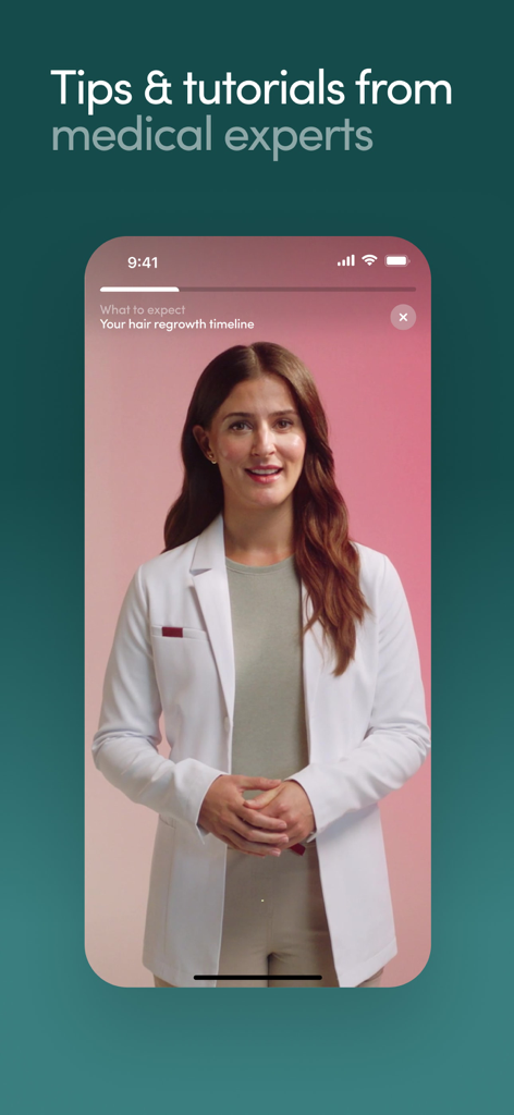 A female medical expert in a lab coat providing video tips and tutorials on hair regrowth within the Hers app interface.