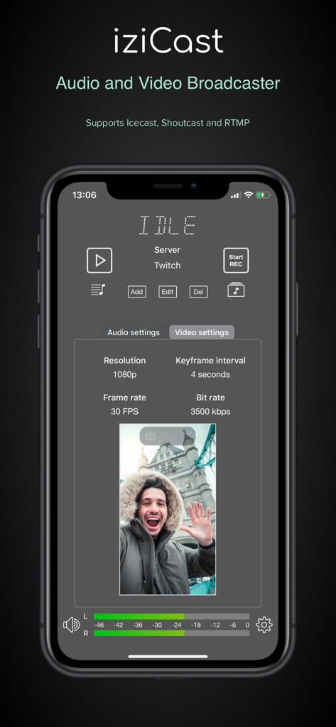 Interfaccia delle impostazioni video di streaming dell'app iziCast che mostra risoluzione e frame rate su un iPhone