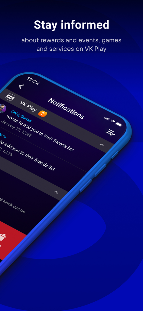 VK Play App - A smartphone displaying the notifications screen of the VK Play app with a pending friend request