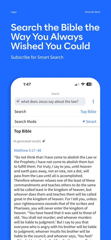 Interface of Logos Deep Bible Study app highlighting the smart search feature with an AI-generated result.