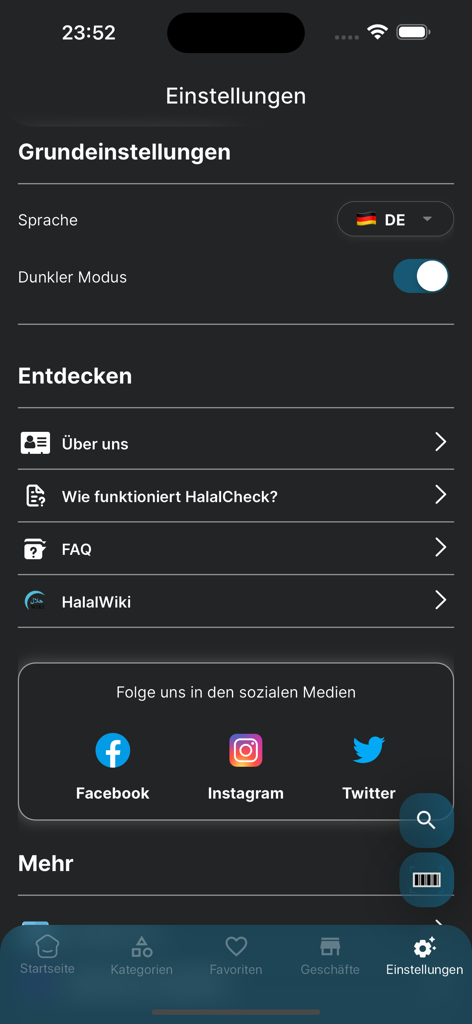 Schermata delle impostazioni dell'app HalalCheck che mostra le opzioni per lingua, modalità scura, FAQ e la risorsa HalalWiki.
