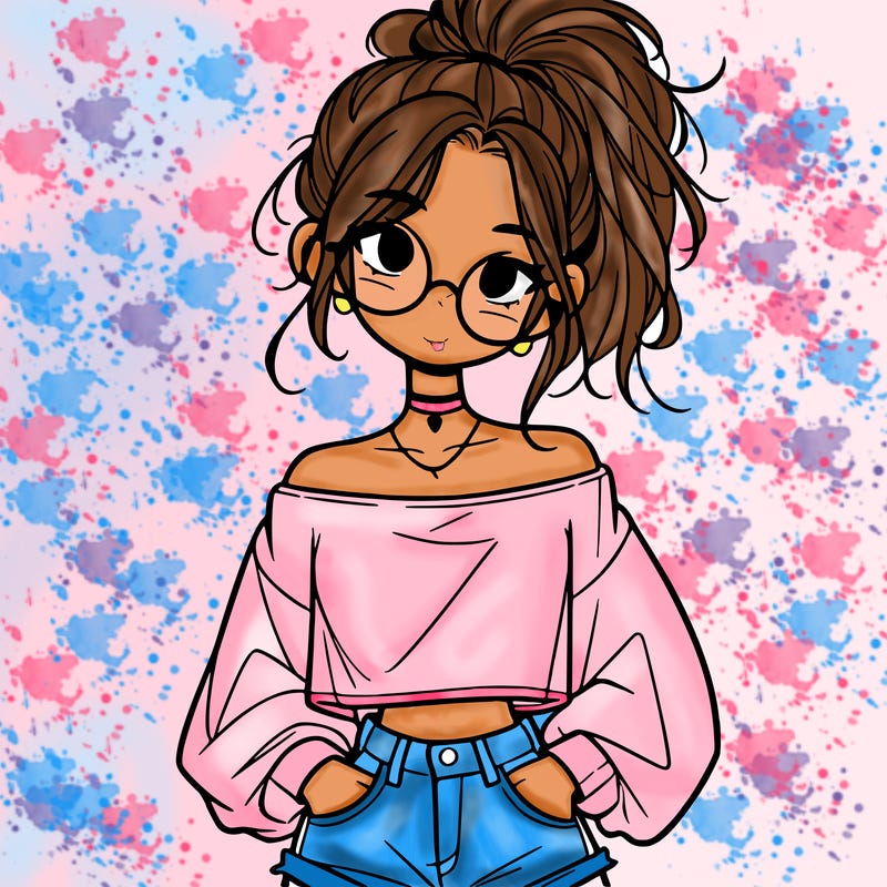 girl with a messy ponytail glasses a baggy crop top and jean shorts
