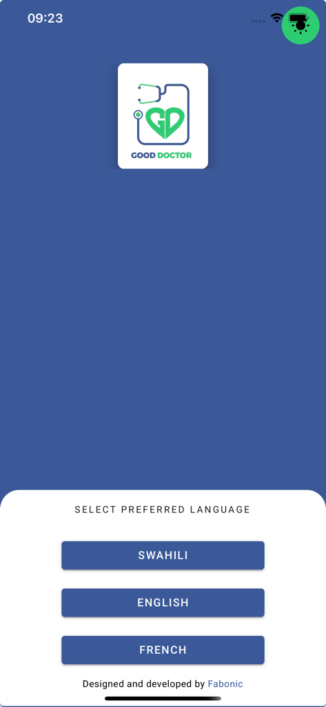 Good Doctor Patient's App - Language selection screen for the Good Doctor Patient App with Swahili English and French options