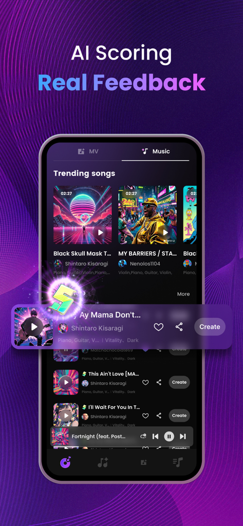Interface of the Sondo app showing trending songs and AI scoring feedback for music creators