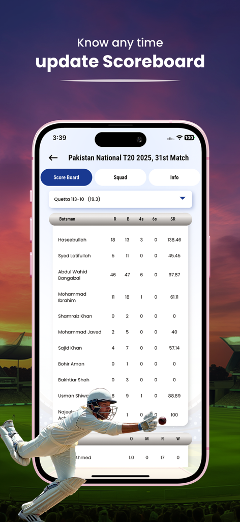 Live Cricket TV- HD Streaming. - Mobile app screen showing live cricket scoreboard and player statistics for a T20 match