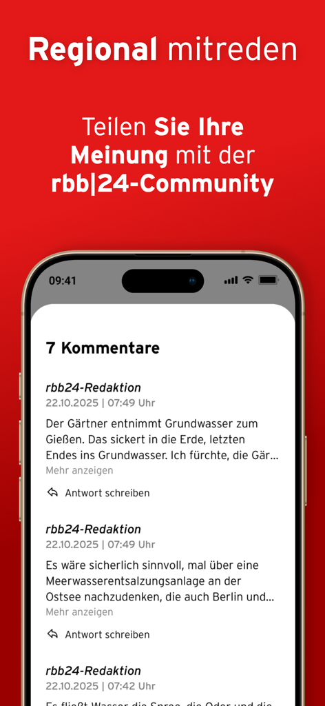 rbb24 – regionale Nachrichten - A smartphone screen showing the community comment section of the rbb24 news app with the headline Regional Mitreden.