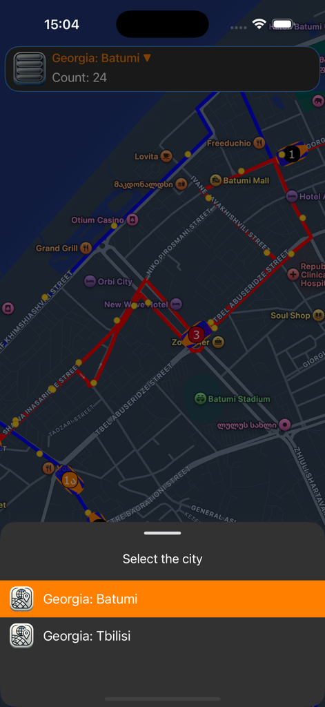 getBUS - getBUS app screen showing city selection menu for Batumi and Tbilisi Georgia