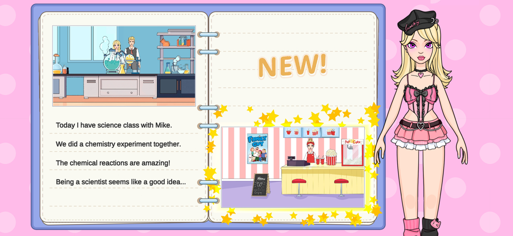 A digital scrapbook page showing a science class story next to a stylishly dressed paper doll character.