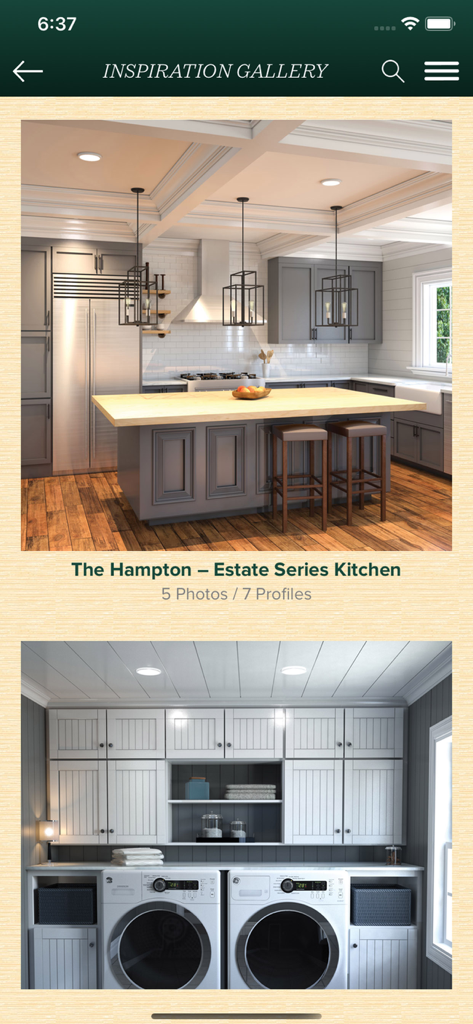 Garden State Lumber app Inspiration Gallery showing a luxury kitchen and laundry room with architectural mouldings and trim