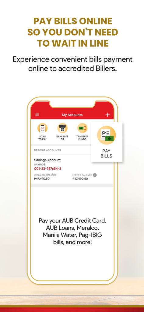 AUB mobile app interface showing the online bills payment feature for Philippine services like Meralco and Manila Water