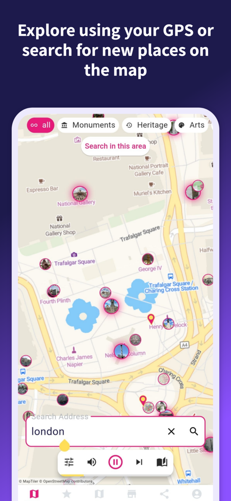 Road Trip: Voice Tour Guide AI - Map interface of the app showing landmarks and a search for London
