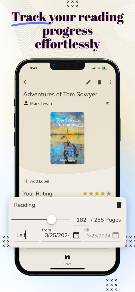 A screenshot of the Book Tracker app showing a reading progress slider and book details for Adventures of Tom Sawyer.