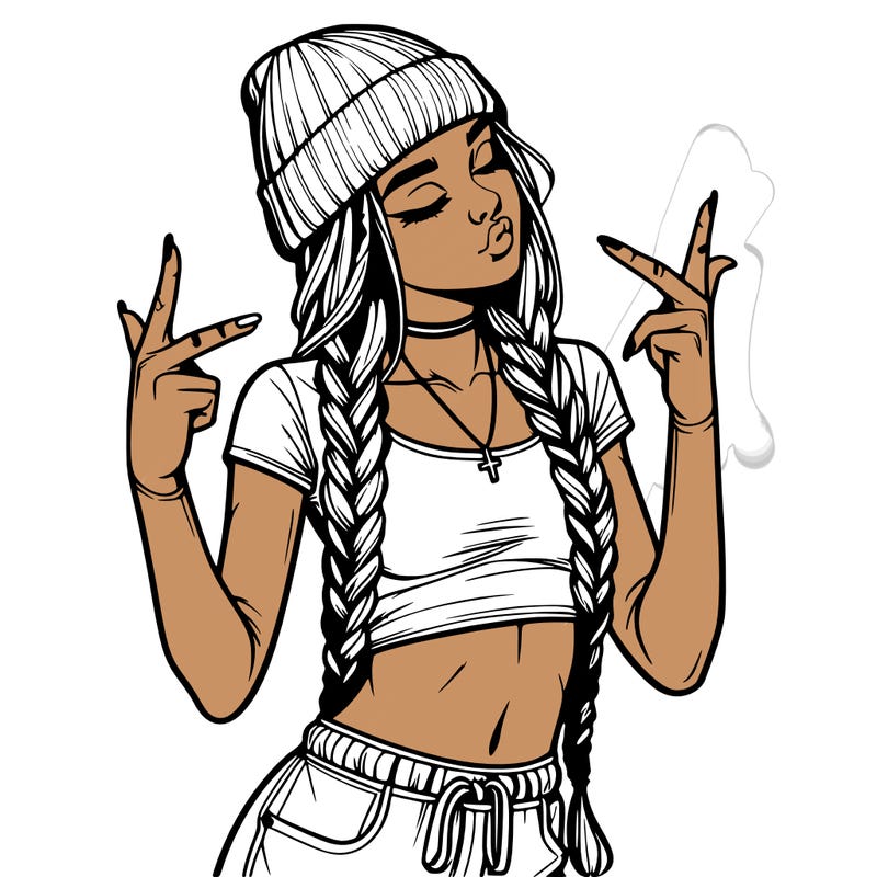 realistic teenage girl with braids and a beanie and crop top doing 🫶🏼