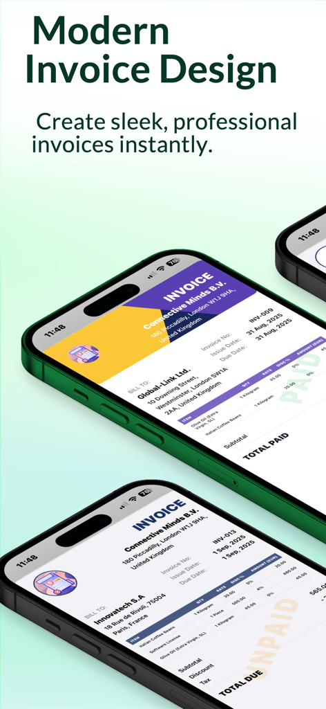 Invoice Maker Billing Manager - Captura de pantalla de la aplicación móvil que muestra plantillas de facturas modernas y profesionales para pequeñas empresas
